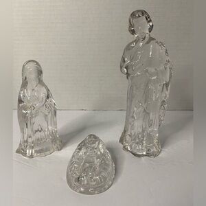 Nativity set clear glass Mary 5" Joseph 7" baby Jesus 3"